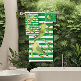 Tropenvögel in grünen, weißen Streifen - mit Monog Badhandtuch Set