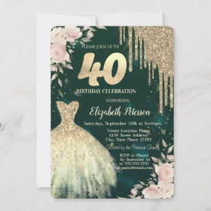 Tropfen aus Gold-Glitzer, Kleid, Blumengrün, 40. G Einladung