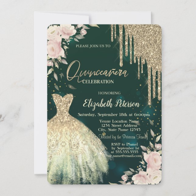 Tropfen aus Gold, Glitzer, Kleid, Blumengrün, Quin Einladung (Vorderseite)