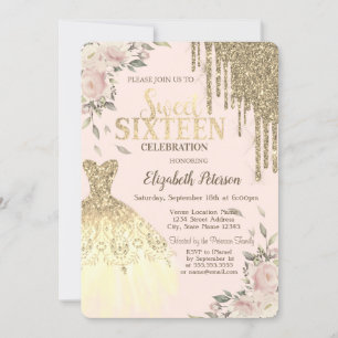 Tropfen aus Gold, Kleid, Blumencreme, süß 16 Einladung