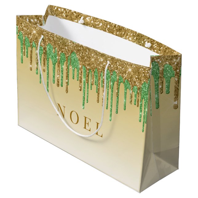 Tropfen aus Gold und grünem Glitzer Große Geschenktüte (Rückseite Schrägansicht)