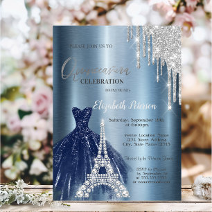 Tropfen,Blaues Kleid,Eiffelturm Metallic Quinceañe Einladung
