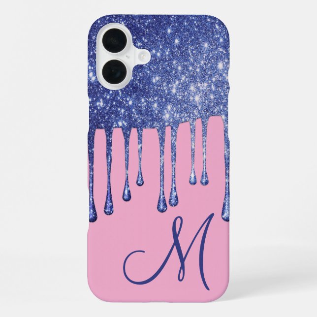 Tropfen Blue Glitzer Monogram Phone Case iPhone 16 Plus Hülle (Rückseite)