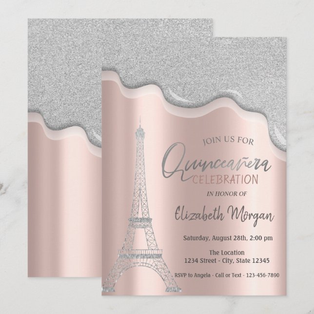 Tropfen des coolen Glitzer, Eiffelturm Quinceañera Einladung (Vorne/Hinten)