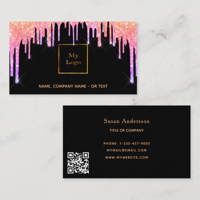 Tropfen des lila QR-Glitzer in Schwarz-Rosa Visitenkarte (Vorne/Hinten)