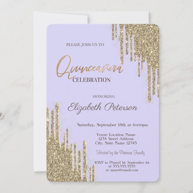 Tropfen des modernen Glitzer Lavander Quinceñera Einladung (Vorderseite)