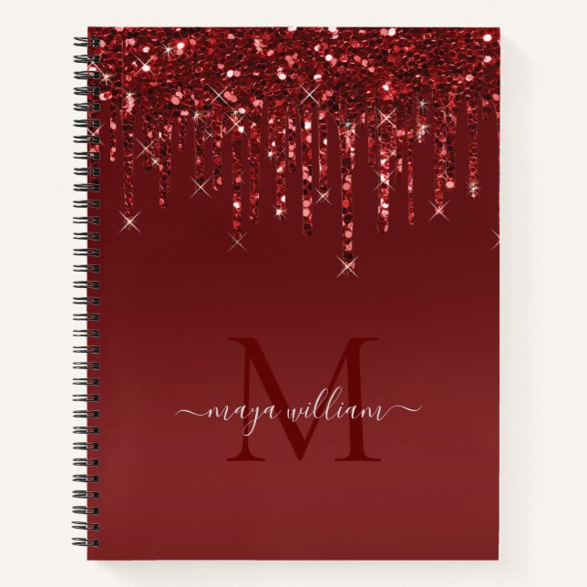 Tropfen des roten Glitzer Personalisiert Monogramm Notizbuch (Vorderseite)