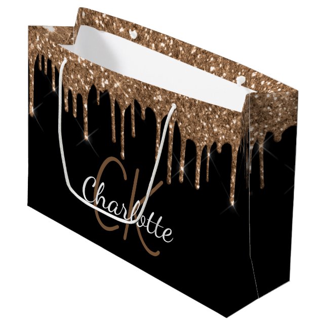 Tropfen für Glitzer mit Monogramm-Namen Große Geschenktüte (Vorderseite Schrägansicht)