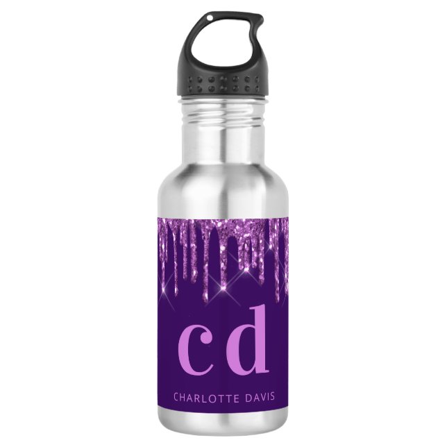 Tropfen für lila Glitzer Rosa Monogramm Edelstahlflasche (Vorderseite)