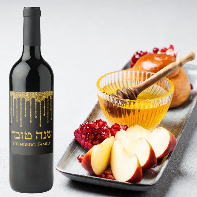 Tropfen für Schwarze und Gold Glitzer Hebrew Rosh  Weinetikett (Von Creator hochgeladen)