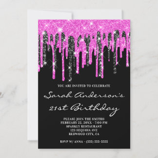 Tropfen in Rosa und Schwarz Glitzer 21. Geburtstag Einladung