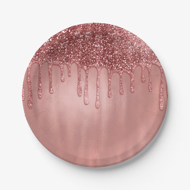 Tropfen in Rose Gold Glitzer Hübsch Rosa Tropfen Pappteller (Vorderseite)