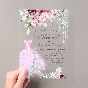 Tropfen,Kleid,Eiffelturm Fliederrosen Quinceañera Acryleinladungen