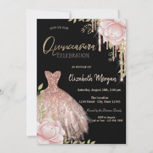 Tropfen Kleid Rosa Blumen Schwarze Quinceañera Einladung