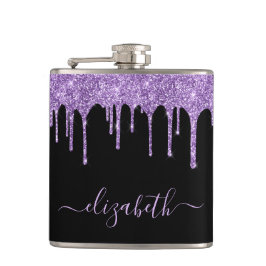 Tropfen lila Glitzer Personalisiert Black Flask Flachmann