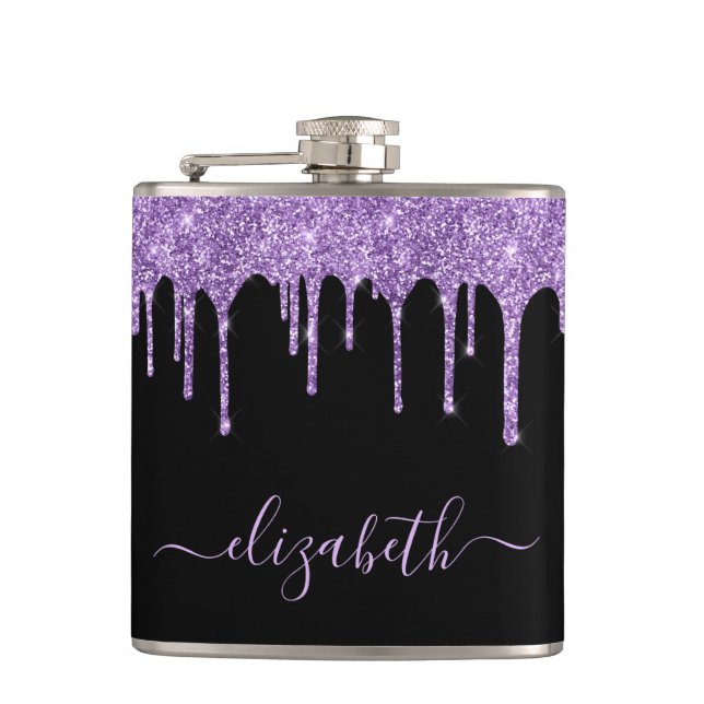Tropfen lila Glitzer Personalisiert Black Flask Flachmann (Vorderseite)