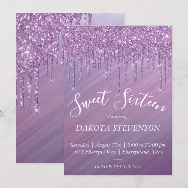 Tropfen Ombre Sweet 16 | Lila Gradient Slide Einladung (Vorne/Hinten)