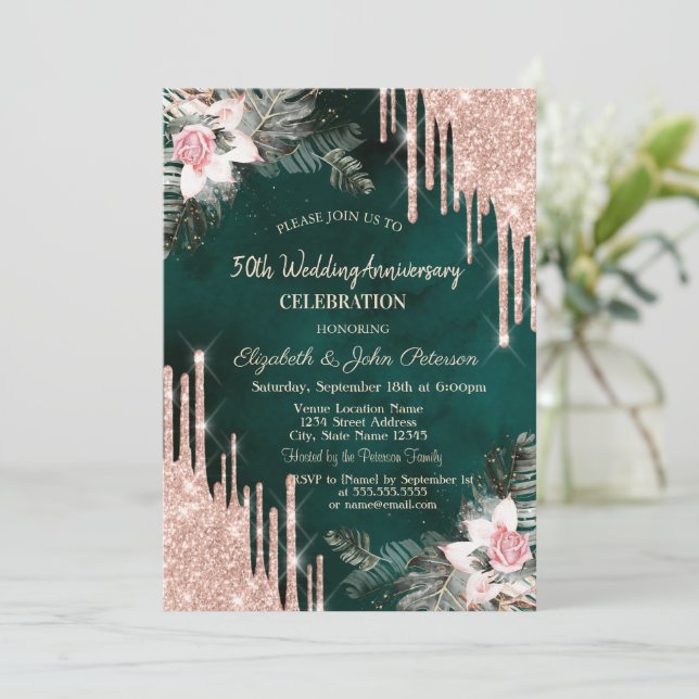 Tropfen, Palm-Blätter, Rose Grüne Hochzeit Jahrest Einladung (Stehend Vorderseite)
