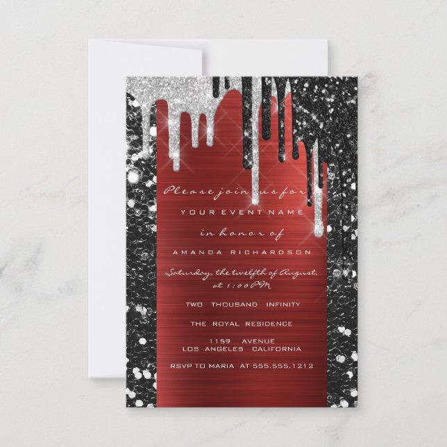 Tropfen Silver Red Black Brautparty Sweet 16. Einladung (Vorderseite)