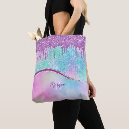 Tropfen und Sparkeln, Name und Monogramm für lila  Tasche