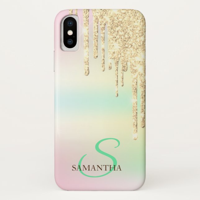 Tropfen von Gold Glitzer Holographic Iridescent Case-Mate iPhone Hülle (Rückseite)