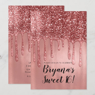Tropfend in Roségold Glitter Rosa Sweet 16 Party Einladung