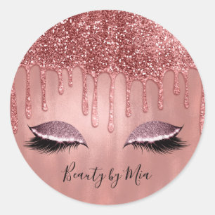 Tropfend in Roségold Glitter Rosa Tropfen Wimpern Runder Aufkleber
