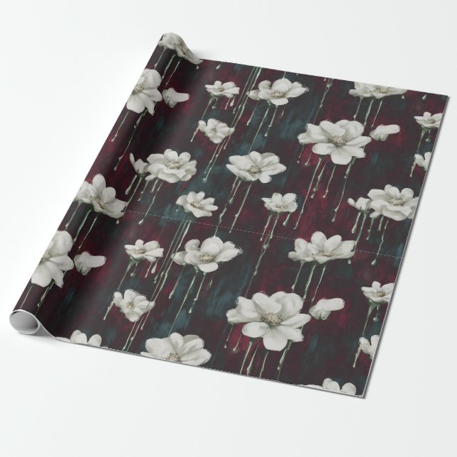 Tropfende florale dunkle Verpackung Geschenkpapier (Ungerollt)