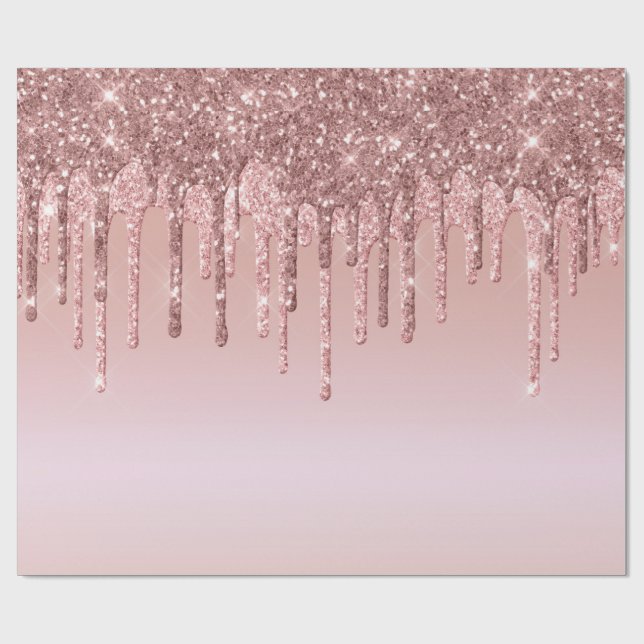 Tropfende Glitzer Rosa Rose Gold Geschenkpapier (Flach)