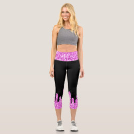 Tropfende Glitzern Glitzer Rosa Schwarz Capri Leggings