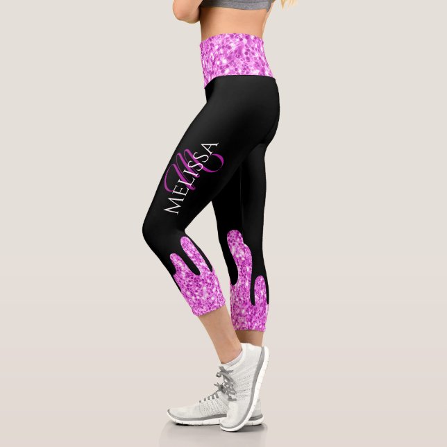 Tropfende Glitzern Glitzer Rosa Schwarze Monogramm Capri Leggings (Links)