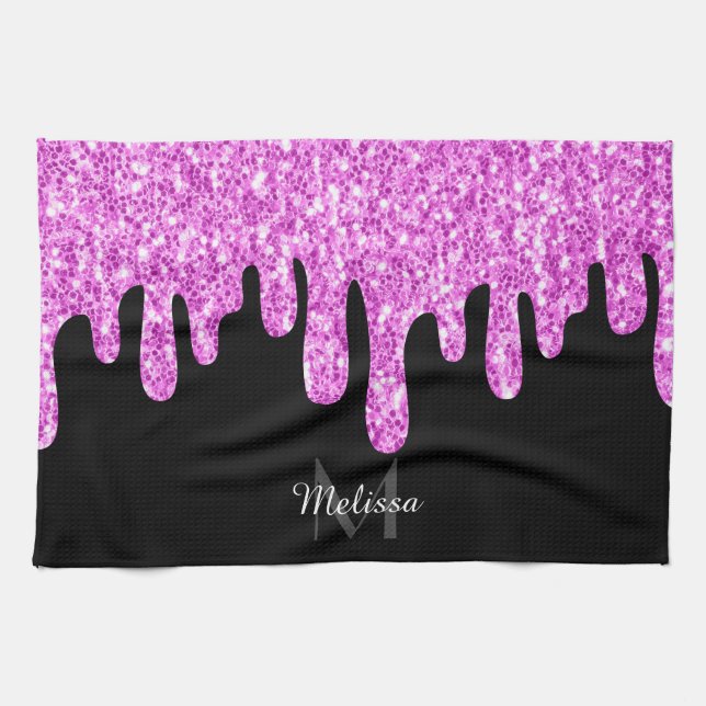 Tropfende Glitzern Glitzer Rosa Schwarze Monogramm Geschirrtuch (Horizontal)