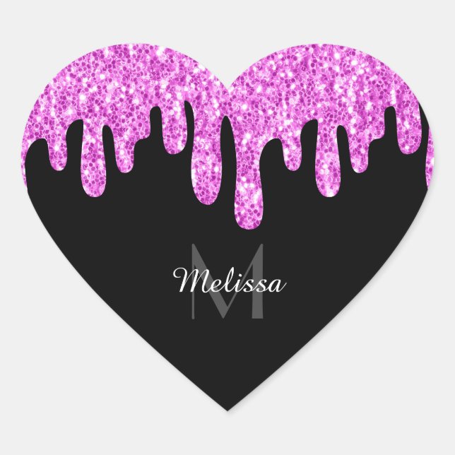 Tropfende Glitzern Glitzer Rosa Schwarze Monogramm Herz-Aufkleber (Vorderseite)