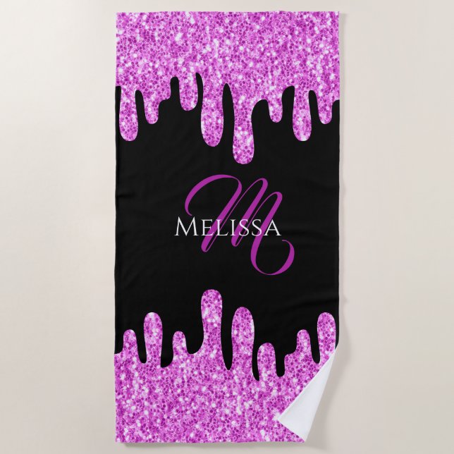 Tropfende Glitzern Glitzer Rosa Schwarze Monogramm Strandtuch (Vorderseite)