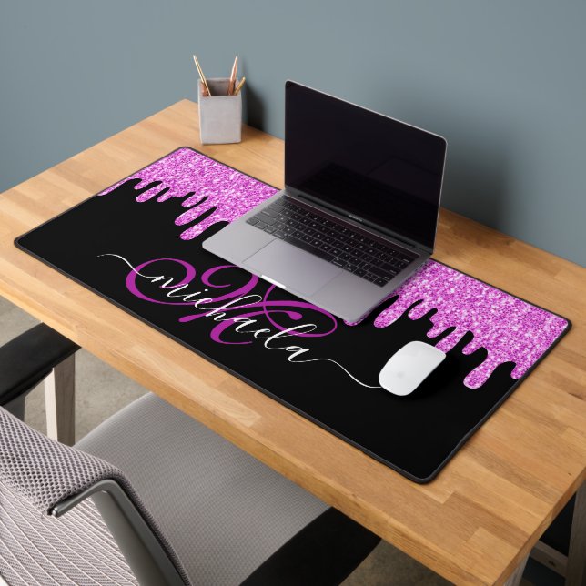 Tropfende Glitzern rosa Lavendel und schwarze Mono Schreibtischunterlage (Büro 2)