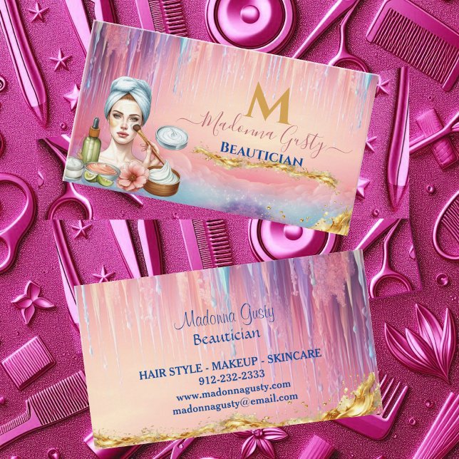 Tropfende Pastel Pink Gold Monogram Beautician Chi Visitenkarte (Dripping Pastel Pink Gold Monogram Beautician Chic Business Card)