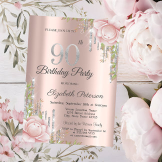 Tropfende Rose Gold Rosa Blumen 90. Geburtstag Einladung