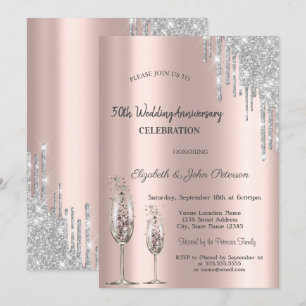 Tropfende Wein Glas Rosen Gold Hochzeit Jubiläum Einladung