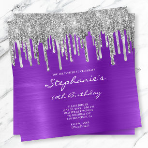 Tropfender silberner Glitter Lila Folie 60. Geburt Einladung