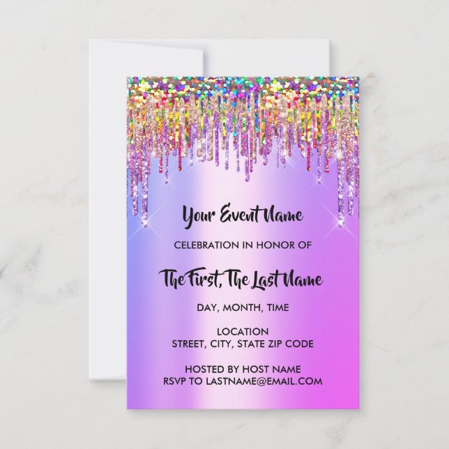 Tropfens Brautparty Sweet 16. Holograph Pink Einladung (Vorderseite)