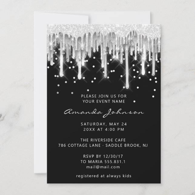 Tropfens Glitzer Bridal Wedding Black Silver Gray Einladung (Vorderseite)