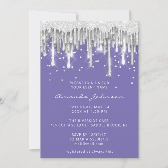 Tropfens Glitzer Bridal Wedding Lila Silver Gray Einladung (Vorderseite)