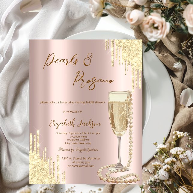 Tropfens Pearls Prosecco Rose Gold Brautparty Einladung (Von Creator hochgeladen)