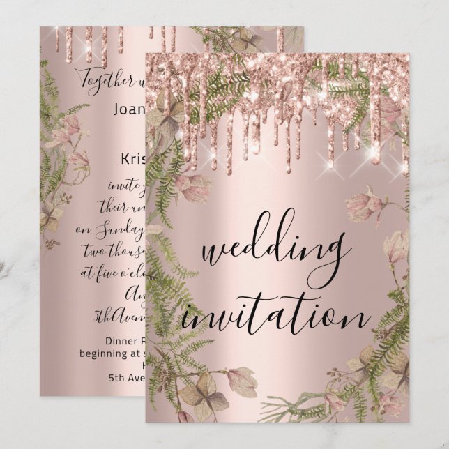 Tropfens Rose Gold Wedding Bridal Glitzer Florals Einladung (Vorne/Hinten)