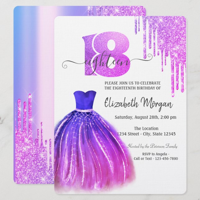 Tropfens Violet Chic Dress Silver 18. Geburtstag Einladung (Vorne/Hinten)