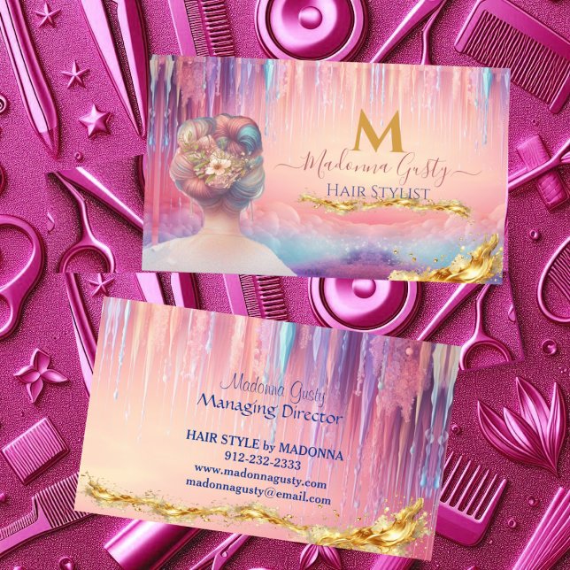 Tropfklee Pink Gold Monogram Haarstiel Visitenkarte (Dripping Pastel Pink Gold Monogram Hair Stylist Business Card)