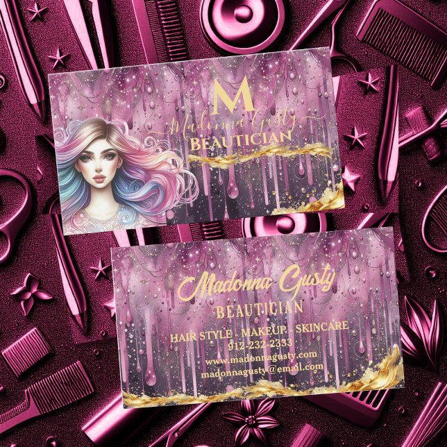 Tropfpastel Magenta Gold Monogram Beautician Visitenkarte (Dripping Pastel Magenta Gold Monogram Beautician Business Card)