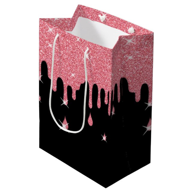 Tropfrosa Glitzer-Effekt & Glitzern Girly Mittlere Geschenktüte (Vorderseite Schrägansicht)