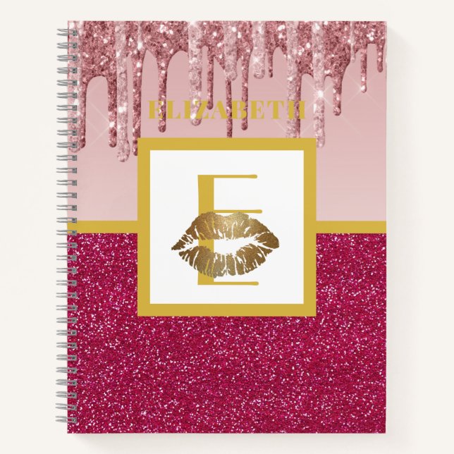 Tropfrosa Rose Gold Glitzer Lips Monogram Girl Notizbuch (Vorderseite)