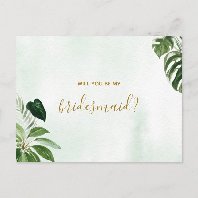 Tropic Green Leaf wird meine Bridesmaid sein Einladungspostkarte (Vorderseite)